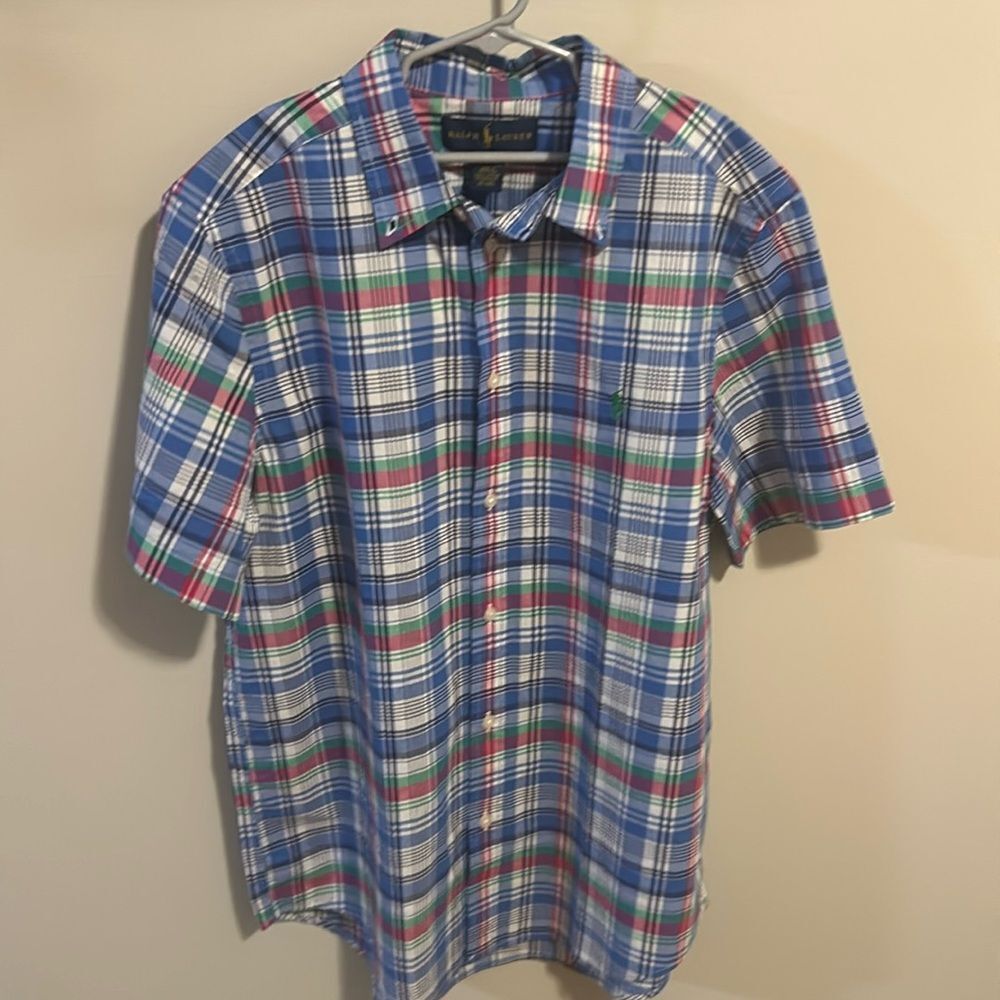 Polo Ralph Lauren Shirt XL 18-20 Boys Blue Pink Green Plaid Short Sleeve Cotton